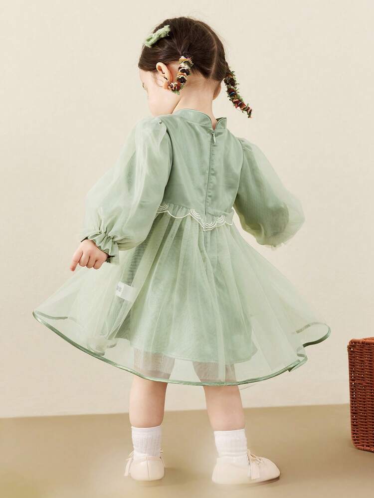 mini bala 2025秋季新款女童网纱连衣裙，中国风甜美柔软内衬 - 粉綠 - 查看 4
