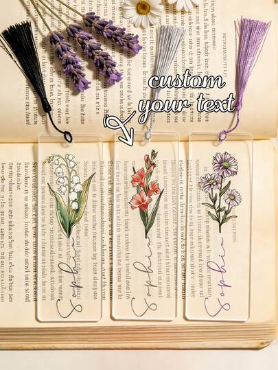 1 Peça Marcador de Livro Personalizado com Flor de Nascimento e Nome, Marcador de Livro Acrílico Personalizado com Texto de Nome, Marcador de Livro Transparente Personalizado com Borla para Presentes de Homens, Mulheres, Aniversários, Natal, Dia dos Namorados