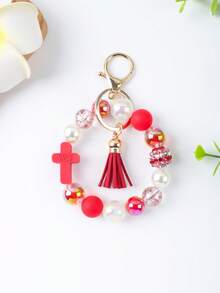 1件十字串珠手链钥匙扣，喜庆红色流苏吊坠，红色串珠手链钥匙圈，珍珠水钻串珠手链钥匙扣，防丢腕带吊坠，新年礼物 - 紅色-02 - 查看 6
