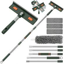 4-In-1 Window Squeegee For Home | Window Cleaning Kit With 3 Microfiber Cloths & Feather Dusters, Professional Tool For Outdoor Windows, Mirrors, Screens, Multi-Use Car Windshield Cleaning Tool With Long Handle, Plastic Material - Green - View 1