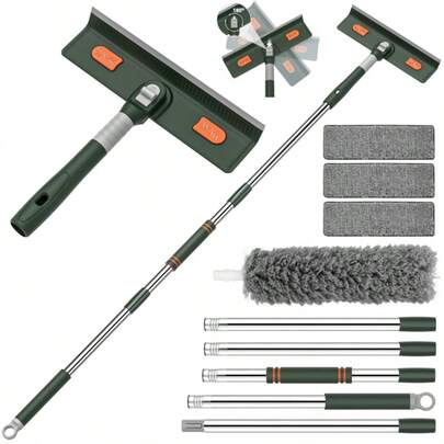 4-In-1 Window Squeegee For Home | Window Cleaning Kit With 3 Microfiber Cloths & Feather Dusters, Professional Tool For Outdoor Windows, Mirrors, Screens, Multi-Use Car Windshield Cleaning Tool With Long Handle, Plastic Material