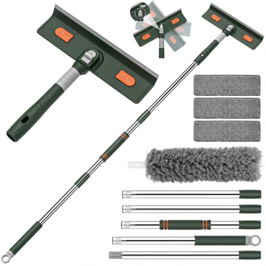 4-In-1 Window Squeegee For Home | Window Cleaning Kit With 3 Microfiber Cloths & Feather Dusters, Professional Tool For Outdoor Windows, Mirrors, Screens, Multi-Use Car Windshield Cleaning Tool With Long Handle, Plastic Material - Green - View 1