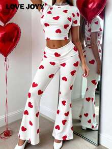LOVE JOYY Women's Red Heart Print Two Pieces Set: A White Set Featuring A Cropped Top And Flared Pants, Perfect For Summer, Valentine's Day, Dates, And Parties - Grey - View 3