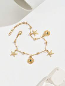 1件优雅、时尚、性感、波西米亚风格的海星花朵吊坠脚链，适合休闲、派对、假日、海滩度假等各种场合佩戴。 - 金色 - 查看 2