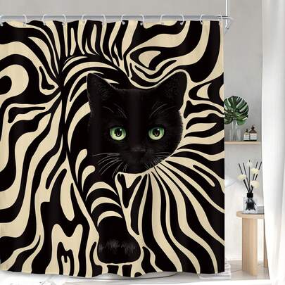 1件装抽象纹理猫咪浴帘，动物猫咪印花浴帘，非常适合浴室装饰、通用房间装饰、家居装饰套装、浴室配件浴缸帘