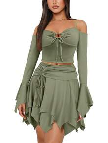 ThusFar Sexy Fairy Off-Shoulder Ruffled Duo| Corset Crop & High-Waist Skater Skirt| Sparkly Y2K Fairycore| Birthday-Party To Rave Essential - màu xanh lá - Xem 6