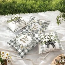 4pcs Simple Plaid & Floral Print Pillow Covers [Single-Sided Print], 17.7*17.7in(45*45cm)/19.69*19.69in(50*50cm)/15.75*15.75in(40*40cm), Spring Black & White Plaid White Floral Cushion Covers For Home, Sofa, Bedroom, Car Decor [Pillow Insert Not Included], Suitable For Daily Use, Home Decoration, Minimalist Style - Multicolor - View 7