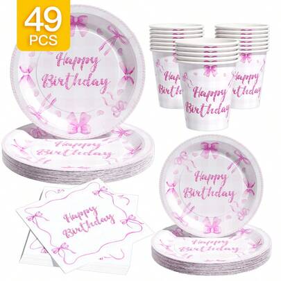 1 Set Light Pink Semi-Transparent Bow Happy Birthday Disposable Plates, Napkins, Cups, Serves 8 Guests, Suitable For Birthday, Wedding, Party, Family Picnic
