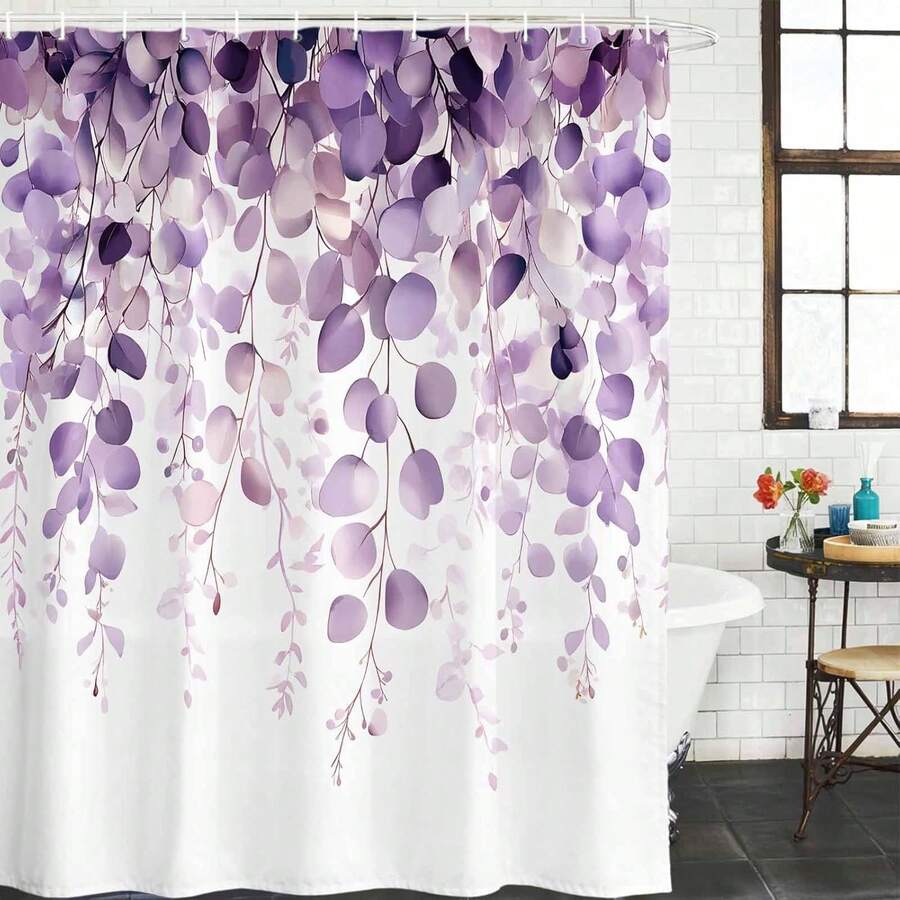 Purple Eucalyptus Leaves Shower Curtain, Leaf Plant Shower Curtains Set, Waterproof Fabric Bath Curtain For Bathroom Bathtub Decor Home Accessories - A - View 1