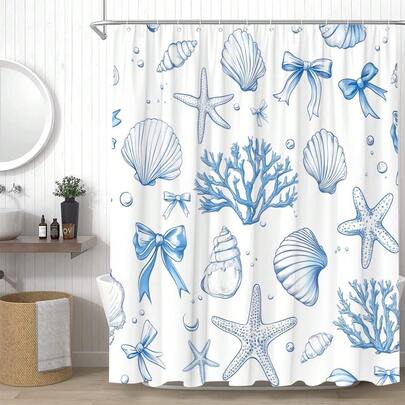 蓝色海洋主题浴帘，可爱海洋风蝴蝶结、贝壳、海星、珊瑚装饰浴帘套装，带挂钩，适合青少年和成人使用。