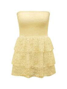 Vaiaye Romantic Elegant Lace Strapless Bodycon Dress, Sleeveless Backless Sexy Double Ruffle Hem Dress, Suitable For Wedding, Party, Concert, Carnival Summer - Light Yellow - View 3
