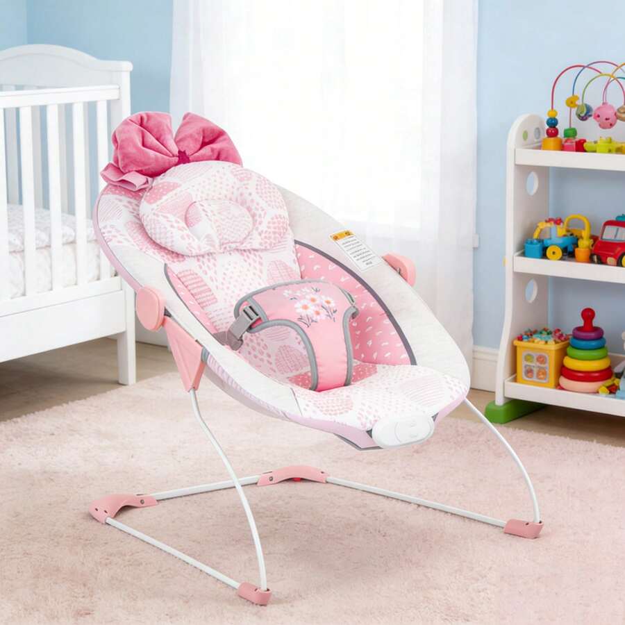 Portable Baby Bouncer For Infant,Modern Baby Bouncer Seat,Infant Bouncers With Music For Babies 0-6 Months Up To 20 Lbs - Pink Bow - View 1