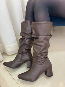 Women's Ruched Boot, Winter Fashion, Lirom Style, With Chunky Square Heel And Comfortable Toe. - Coffee Brown - View 6