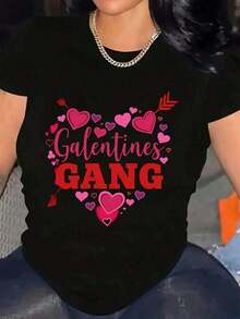 Valentine Outfits For WomenWomen's Valentine's Day Black T-Shirt With Galentines Squad Lettering & Heart Arrow Print - Casual Short Sleeve Round Neck Top For BFF Fits, Parties, Casual Attire2026Loose And Comfortablevalentine's Day Benito Bowl - 黑色 - 查看 1