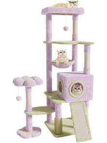 FINYQBET Árbol para Gatos, 155 cm de Altura, 8 Niveles con Cueva, Hamacas, Rascador de Sisal y Forro Polar Suave, Diseño Flor, 2 Pompones, Torre de Juego para Gatos Grandes y Múltiples Mascotas - 1 - Ver 8