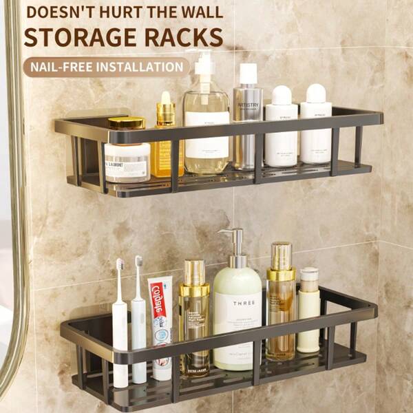 1-2PCS/ - Wall-Mounted Drill-Free Shower Rack, Space-Saving Storage Rack, Home Bathroom Decoration, Bathroom Storage, Back-To-School Season, No Drilling Installation, Wall-Mounted Storage, Hollow Drainage, Large Storage Capacity, Strong Load-Bearing, Waterproof And Rust-Proof, Suitable For Bathroom Storage Of Shampoo