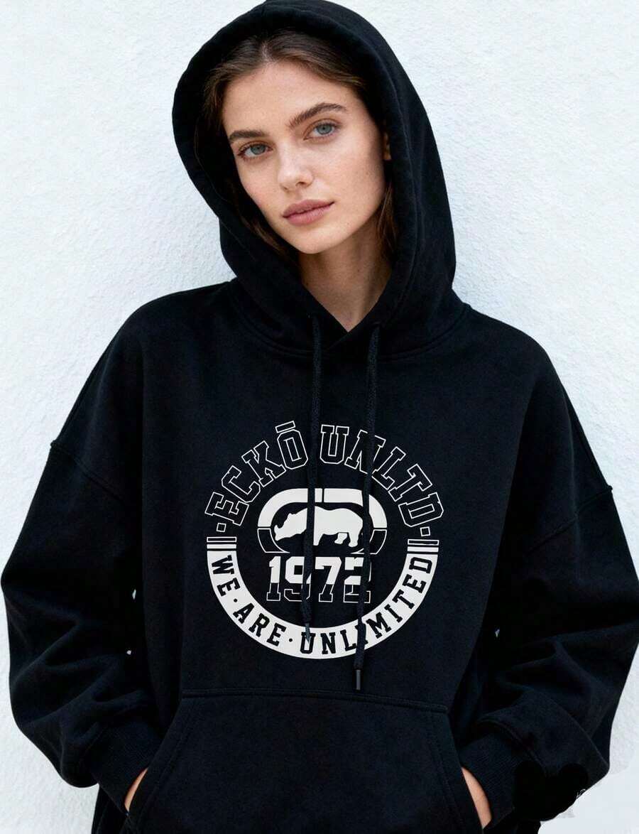 Blue & White ECKO UNLTD. Hoodie – Women's Oversized Black Streetwear: Rhino Graphic, Cool Urban Vibe: Front Pocket, Soft Pullover For Fall Skate Park Ings, Casual Date Nights, Winter Casual –  Street Style PickY2Y-W-Sudaderas - 黑6 - 查看 1
