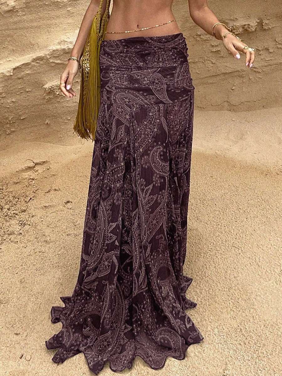 Vintage Style Cashew Floral Print Sheer Mesh Low Waist Draped Asymmetrical Hem Skirt - Purple - View 1