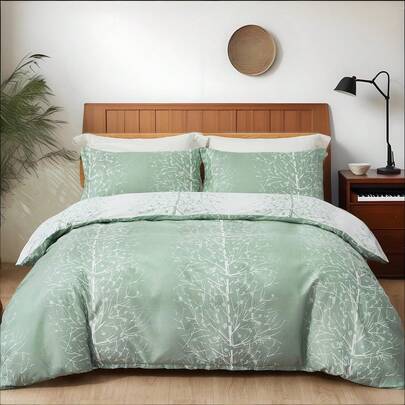 3 Pieces  Green/Pink/White Leaves Duvet Cover Double King Botanical Reversible Bedding Set Soft Microfiber Bedding Cover With Pillow Cases, Bed Room Decor, Christmas Gifts, Halloween, Autumn, All Season