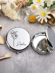 1个个性化刻字不锈钢便携镜，饰有生日花图案 - 可定制姓名，适合女性、伴娘、求婚、婚礼、生日、圣诞节等场合，优雅便携，可定制姓名 | 精致便携镜 | 刻字配饰 - 彩色 - 查看 6
