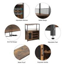 Mueble Bar de Vino 3 Niveles con Estante para Copas y Almacenamiento Multifuncional para Sala y Comedor - Marrón - Ver 6