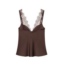 MUMRAP Blusa elegante de mujer de unicolor con aplicaciones de encaje, ajustada para el verano - Marrón - Ver 3