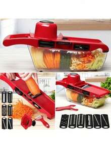 六合一蔬菜切片器和切丁器，带钢刀片，可切片、削皮、削胡萝卜、刨丝、切丁，厨房配件 - 紅色 - 查看 2