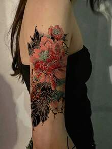 1张牡丹花临时纹身贴纸，水彩扎染金属线条，优雅暗黑设计，适用于手臂、腰部、腿部等身体部位，防水防汗，持久耐用，非常适合节日、派对、送礼等场合。 - 粉色 - 查看 3