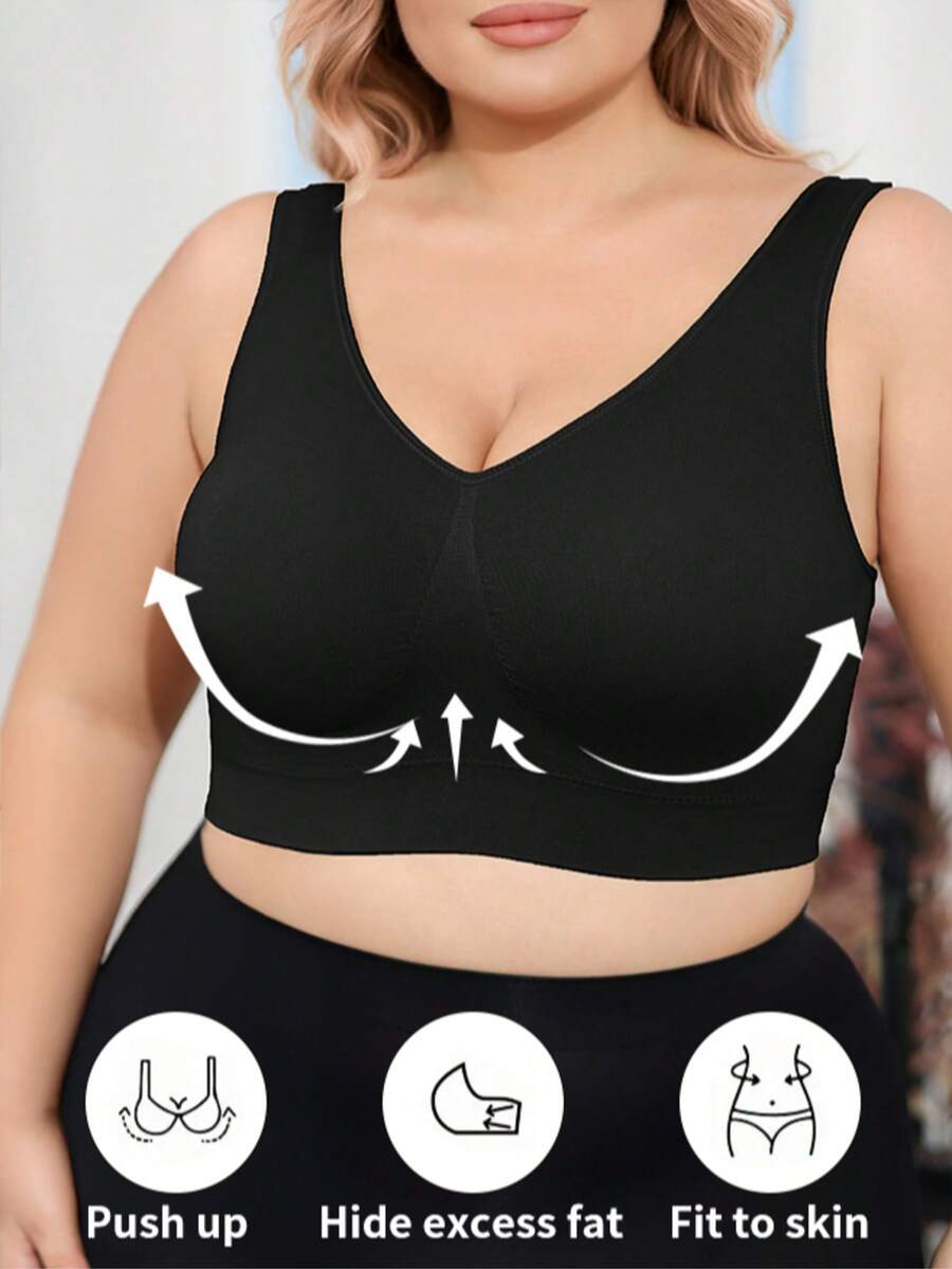 Plus Size Women's Push-Up Shaping Bralette - Wide Strap Seamless Comfort Bra - Black - View 1