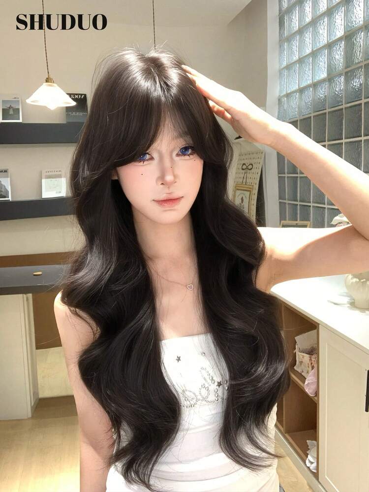 alicegarden 1pc Heat-Resistant Synthetic Wig, Black To Brown Gradient Middle Part Style, Fiber Material, Natural And Realistic, Perfect For Daily Wear. (Accessories Not Included) - Black-brown - View 1