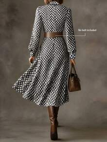 Women's Elegant Dress, Vintage Floral Print Waist Shirt Midi Dress, French Retro Long Skirt Design, Suitable For Music Festival, Work Commute And Dates, Belt Not Included - Black - View 3