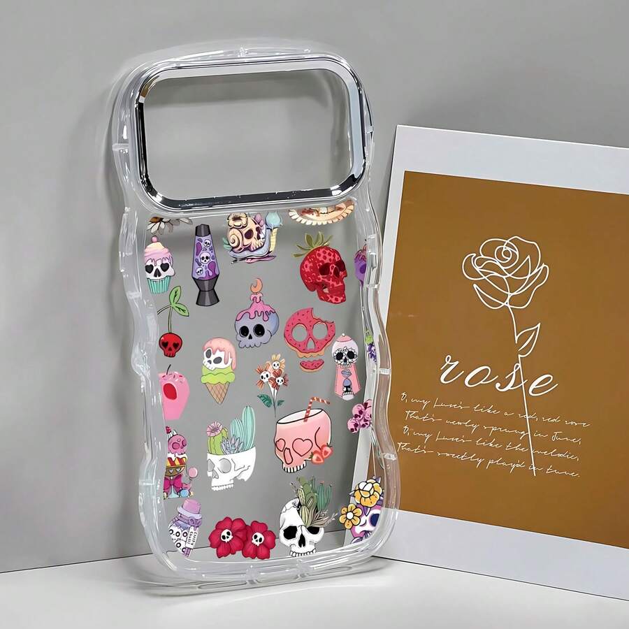 Skull Mobile Phone Case Decorated With Colorful Flowers And Sweet Treats Design Suitable For IPhone 16, 15, 14, 13, 12 And 11 Pro Models Made Of TPU Material And Provides Shockproof Protection Perfect For Family Friends Children Birthdays Spring Holidays Boyfriends Girlfriends And Valentine's Day Gifts - 透明CZ33 - 查看 1