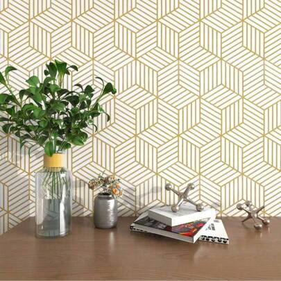 1 Roll Of Modern Geometric Self-Adhesive Wallpaper-Waterproof Golden Design, Ready To Be Peeled Off And Pasted, Textured Wall Coverage, Suitable For Living Room, Bedroom, Dining Room, Corridor, Entertainment Room, Wall Decoration, Home Decoration