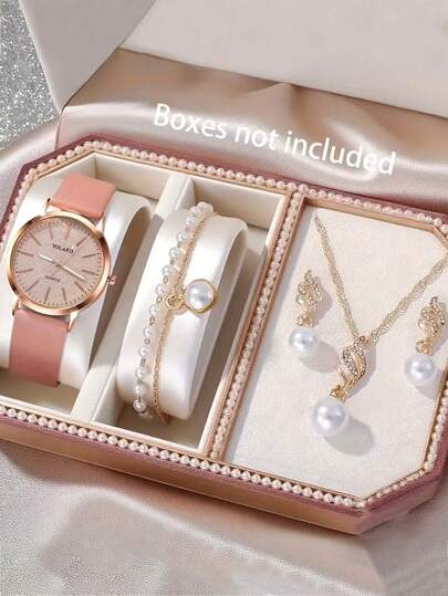 5pcs/Set Fashion Women's Round Steel Band Quartz Watch, Versatile Round Dial, Can Be Matched With Bracelets, Necklaces, Earrings And Other Jewelry To Form A Jewelry Set, Suitable For Daily Wear, Formal Events And Other Occasions, Best Gift Set For Women