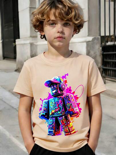 This Boys' Short-Sleeved T-Shirt Features A Unique, Niche Cartoon Print And A Soft Crew Neck Design, Making It A Casual Apricot-Colored T-Shirt