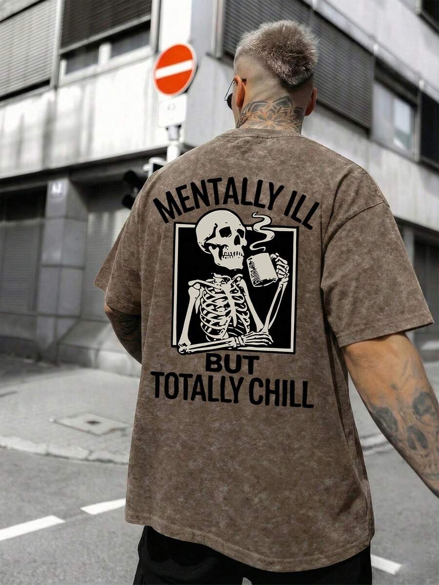 Krometka Men's Casual Versatile Minimalist Street Skull & English Slogan Print Short Sleeve T-Shirt - Brown - View 1