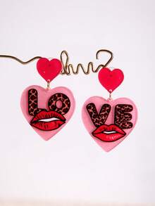 Pink Snail 1 Pair Creative Red Lip & Heart Acrylic Drop Dangle Earrings, Funny Statement Earrings For Women, Girls, Suitable For Valentine's Day, Summer, Winter, Vacation, Holiday, Beach Party, Gifts For Her, Couples - Red Lips and a Heart - View 6