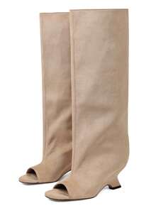 Women's Knee High Boots Peep Toe Slouchy Wedges High Heels PullOn Party Dress Fall Winter Suede Long Boots For Woman Party Shoes - 杏色A - 查看 2