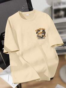 青少年男童卡通汽车印花圆领T恤，柔软舒适休闲上衣，春夏Y2K风格 - 杏色 - 查看 3