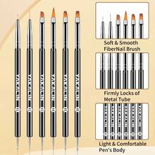 6支双头美甲彩绘笔，一支带点钻线头，另一支带平头光疗刷头 - 美甲工具，适用于美甲、凝胶指甲油、足疗 - 黑色 - 查看 6