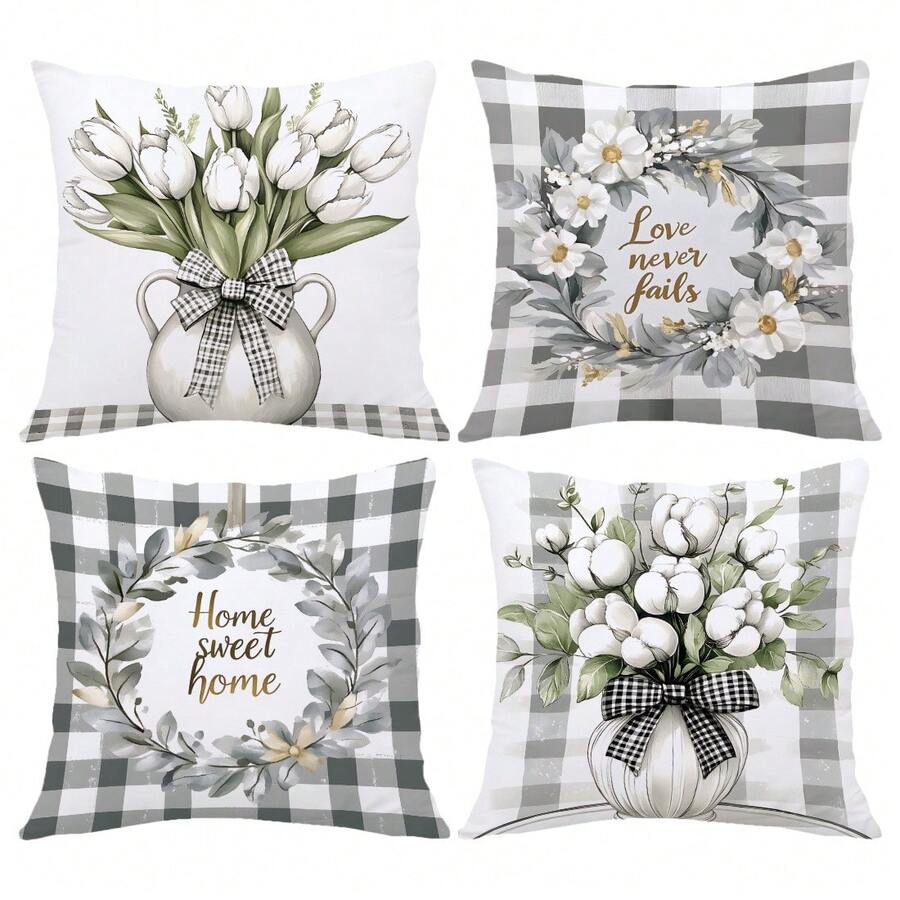 4pcs Simple Plaid & Floral Print Pillow Covers [Single-Sided Print], 17.7*17.7in(45*45cm)/19.69*19.69in(50*50cm)/15.75*15.75in(40*40cm), Spring Black & White Plaid White Floral Cushion Covers For Home, Sofa, Bedroom, Car Decor [Pillow Insert Not Included], Suitable For Daily Use, Home Decoration, Minimalist Style - Multicolor - View 1