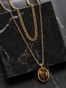 2 piezas Collar con colgante de ojo de tigre de acero inoxidable de moda, adecuado para el atuendo diario y ocasiones festivas de los hombres - Dorado - Ver 1