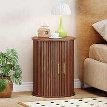 Round Fluted Nightstand, Mid Century Modern Tall Side Table With Storage, End Table With Sliding Tambour Doors, Adjustable Shelf, Small Wood Bedside Table For Bedroom,Living Room,Office - Lạc đà - Xem 1