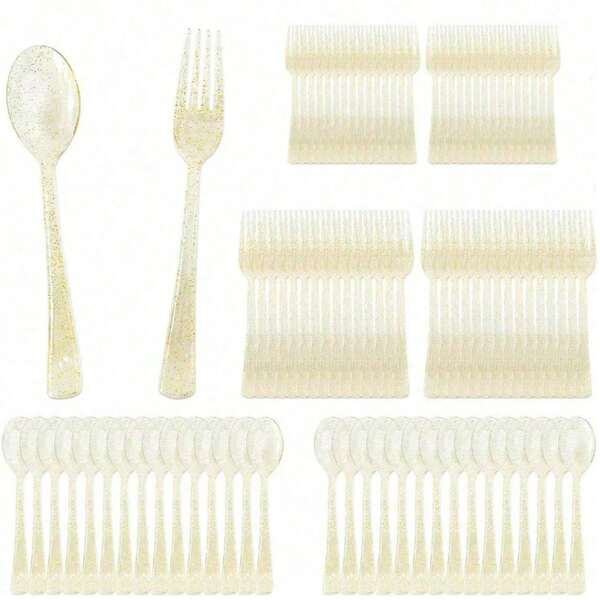 25-Piece Gold (Reusable) Party Cutlery Set - Includes 25 Forks, 25 Spoons - Reusable And Washable, Suitable For Wedding Cutlery Sets, Party Celebrations, Dinners, Weddings, Kitchen, Valentine's Day, And More.