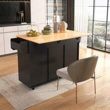 139x46 (71) X91.5cm Large Trolley / Dining Table, Solid Wood Case + Panel, Folding Panel, Wheel, Replaceable Solid Wood Leg, Suitable For Dining Room, Kitchen, Multicoloured Optional. - Black - View 5