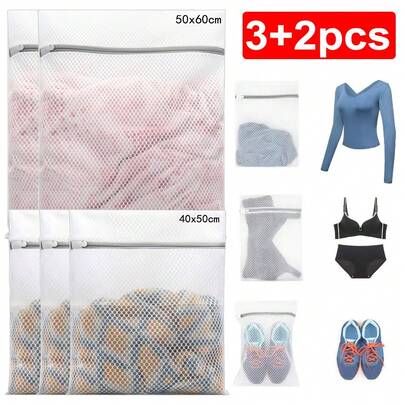 5 Pack Laundry Bags Mesh Wash Bag, 2pcs 40x50cm, 3pcs 50x60cm, Lingerie Bags For Washing Delicates, Net Washer Sack With Zipper, Dryer Pouch For Cleaning And Drying Cloths, Garment, Sweater, Bra, Pant, Toys, Bed Sheet, Blanket