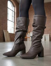 Women's Ruched Boot, Winter Fashion, Lirom Style, With Chunky Square Heel And Comfortable Toe. - Coffee Brown - View 1