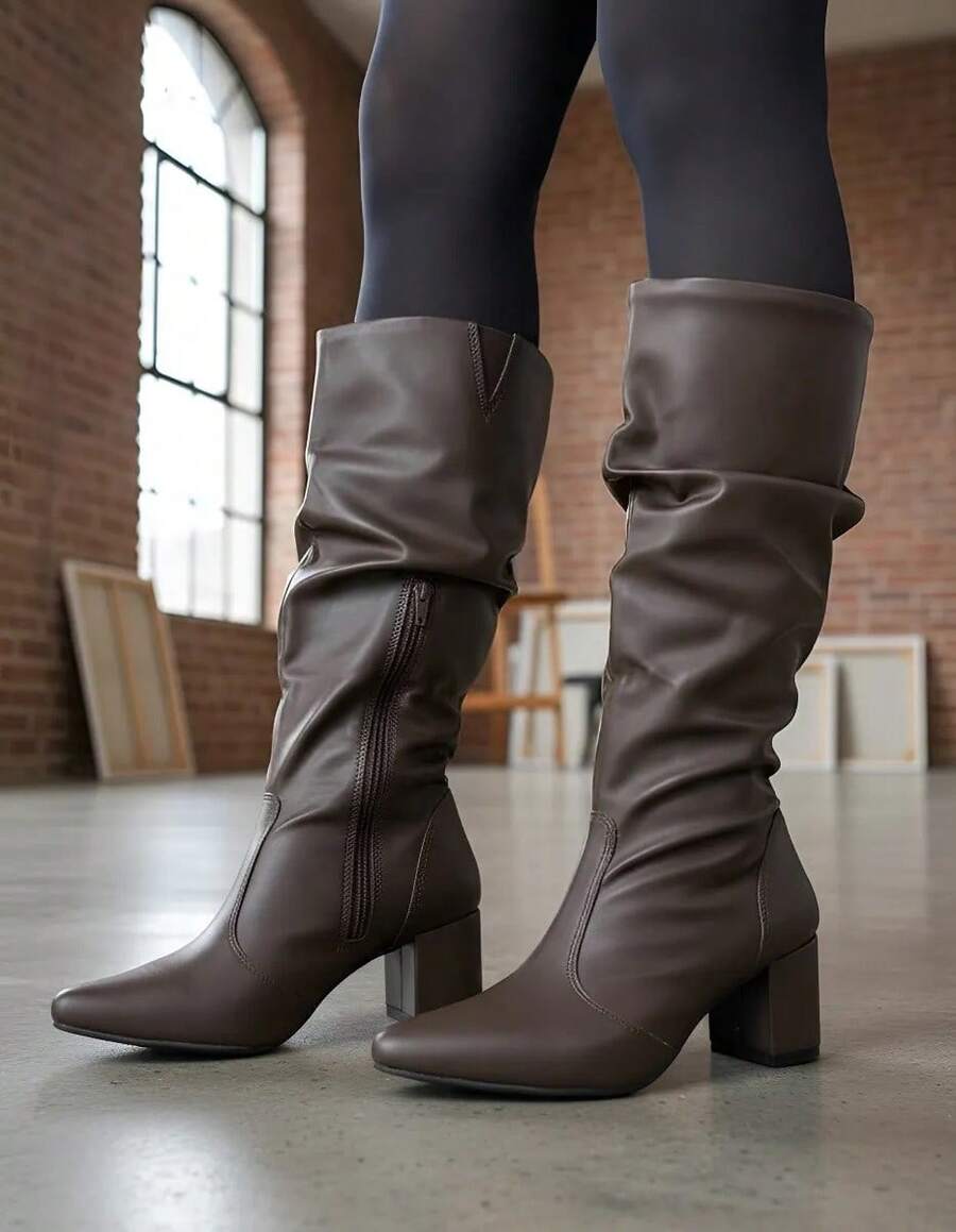 Women's Ruched Boot, Winter Fashion, Lirom Style, With Chunky Square Heel And Comfortable Toe. - Coffee Brown - View 1