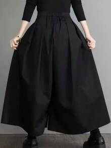 女士优雅黑色阔腿哈伦裤 - 纯色无弹力纽扣细节，适合春、夏、秋季休闲及正式场合穿着，舒适贴身，版型挺括，面料轻盈，经典款式，专为成年女性设计 - 黑色 - 查看 5