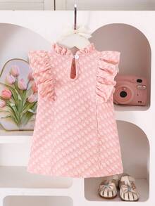 1件装女童甜美可爱粉色荷叶边领短袖连衣裙，春夏户外/度假风格 - 粉色 - 查看 2